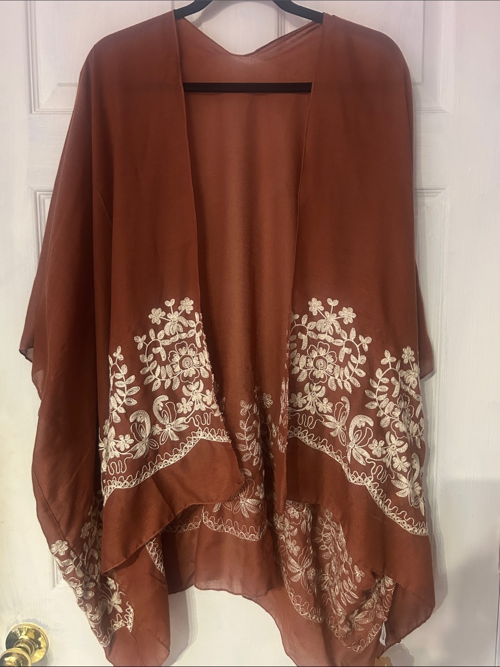 Rust Floral Embroidered Sheer Kimono Cover-Up